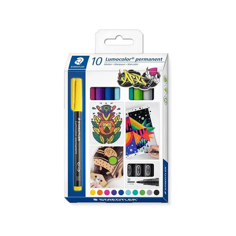 Staedtler Lumocolor 317 Pack de 10 Rotuladores Permanentes - Punta Media Redonda - Trazo 1mm Aprox - Capuchon con Clip - Secado