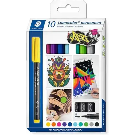 Staedtler Lumocolor 317 Pack de 10 Rotuladores Permanentes - Punta Media Redonda - Trazo 1mm Aprox - Capuchon con Clip - Secado