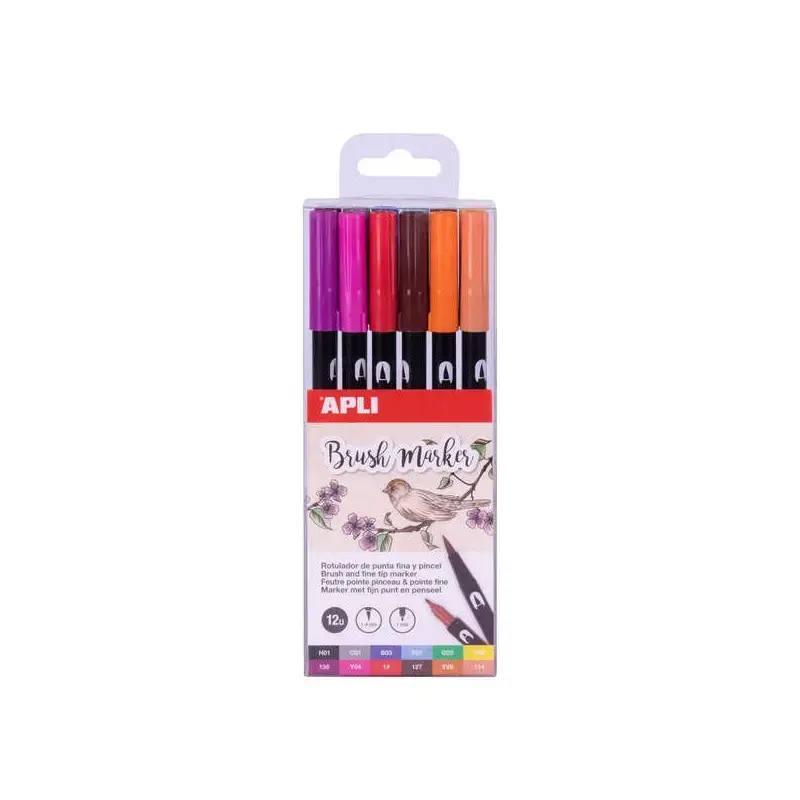 Apli Brush Marker Pack de 12 Rotuladores Acuarelables de Doble Punta - Punta Pincel de 1-4mm y Punta Redonda de 1mm - Tinta Base