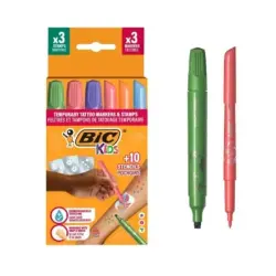 Bic Kids Tatuajes Temporales Pack de 3 Sellos + 3 Rotuladores + 10 Plantillas - Tinta Dermatologicamente Testada y Sin Perfume -