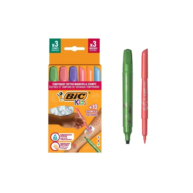 Bic Kids Tatuajes Temporales Pack de 3 Sellos + 3 Rotuladores + 10 Plantillas - Tinta Dermatologicamente Testada y Sin Perfume -
