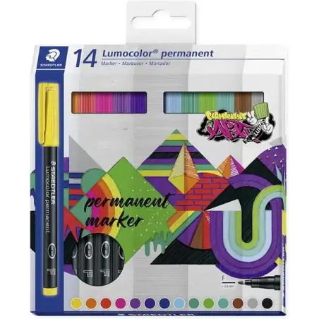 Staedtler Lumocolor 318 Pack de 14 Rotuladores Permanentes - Trazo Fino 0.6mm - Secado Rapido - Muy poco Olor - Colores Surtidos