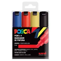 Posca PC-8K Estuche de 4 Marcadores de Pintura - Punta Biselada Acrilica 8mm - Tinta Base al Agua - No Permanente - Resistente a