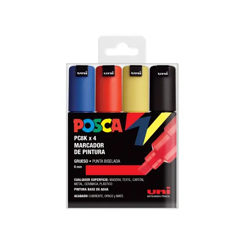 Posca PC-8K Estuche de 4 Marcadores de Pintura - Punta Biselada Acrilica 8mm - Tinta Base al Agua - No Permanente - Resistente a