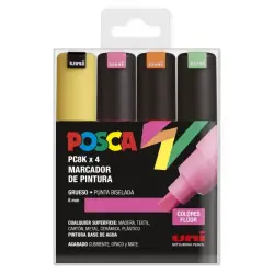 Posca PC-8K Estuche de 4 Marcadores de Pintura - Punta Biselada Acrilica 8mm - Tinta Base al Agua - Resistente a la Luz - Color