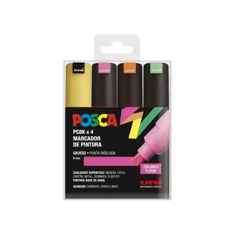 Posca PC-8K Estuche de 4 Marcadores de Pintura - Punta Biselada Acrilica 8mm - Tinta Base al Agua - Resistente a la Luz - Color