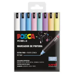 Posca PC1MR Pack de 8 Marcadores de Pintura - Punta Roller de Fibra 0.7mm - Tinta Pigmentada Base al Agua - Resistente a la Luz