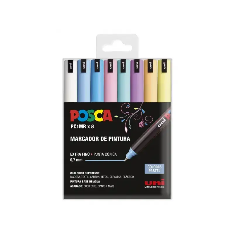 Posca PC1MR Pack de 8 Marcadores de Pintura - Punta Roller de Fibra 0.7mm - Tinta Pigmentada Base al Agua - Resistente a la Luz