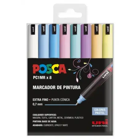 Posca PC1MR Pack de 8 Marcadores de Pintura - Punta Roller de Fibra 0.7mm - Tinta Pigmentada Base al Agua - Resistente a la Luz