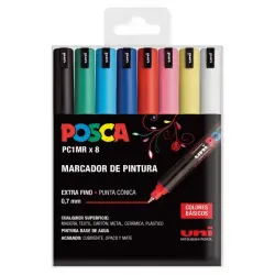 Posca PC1MR Pack de 8 Marcadores de Pintura - Punta Roller de Fibra 0.7mm - Tinta Pigmentada Base al Agua - Resistente a la Luz