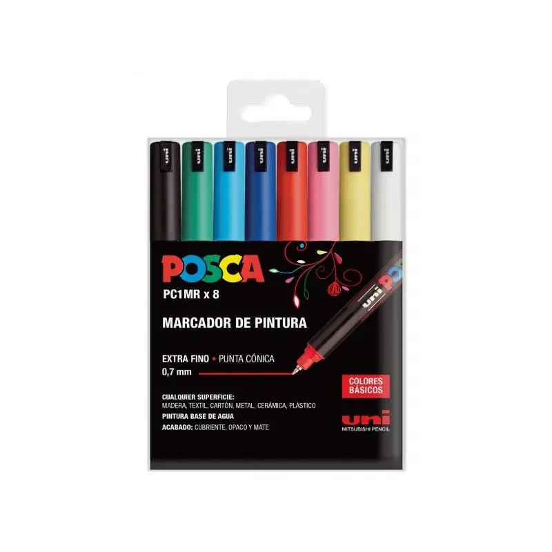 Posca PC1MR Pack de 8 Marcadores de Pintura - Punta Roller de Fibra 0.7mm - Tinta Pigmentada Base al Agua - Resistente a la Luz