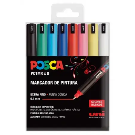 Posca PC1MR Pack de 8 Marcadores de Pintura - Punta Roller de Fibra 0.7mm - Tinta Pigmentada Base al Agua - Resistente a la Luz