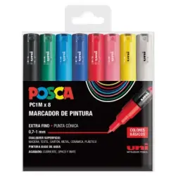 Posca PC1M Pack de 8 Marcadores de Pintura - Punta Conica 0.7mm - Tinta Base al Agua - No Permanente - Resistente a la Luz - Ino