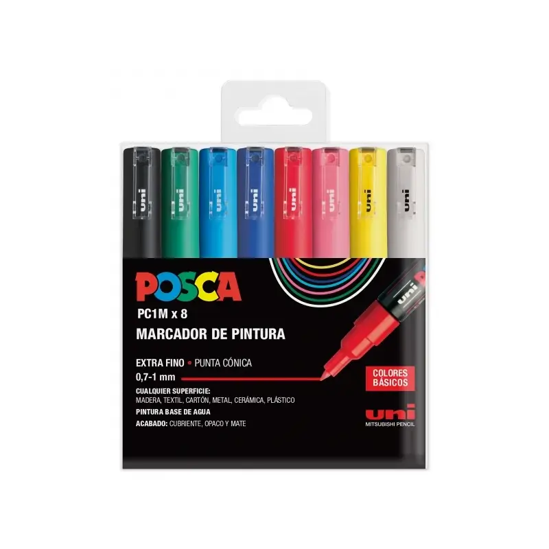Posca PC1M Pack de 8 Marcadores de Pintura - Punta Conica 0.7mm - Tinta Base al Agua - No Permanente - Resistente a la Luz - Ino