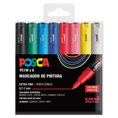 Posca PC1M Pack de 8 Marcadores de Pintura - Punta Conica 0.7mm - Tinta Base al Agua - No Permanente - Resistente a la Luz - Ino