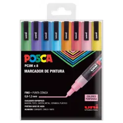 Posca PC3M Pack de 8 Marcadores de Pintura - Punta Conica 0.9-1.3mm - Tinta Base al Agua - Resistente a la Luz - Ideal para Cart