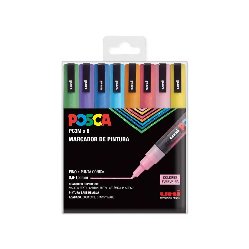 Posca PC3M Pack de 8 Marcadores de Pintura - Punta Conica 0.9-1.3mm - Tinta Base al Agua - Resistente a la Luz - Ideal para Cart