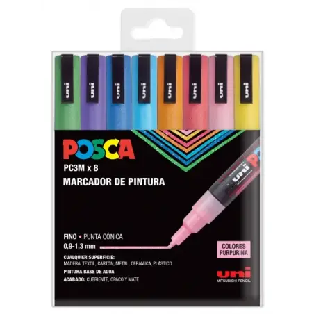 Posca PC3M Pack de 8 Marcadores de Pintura - Punta Conica 0.9-1.3mm - Tinta Base al Agua - Resistente a la Luz - Ideal para Cart