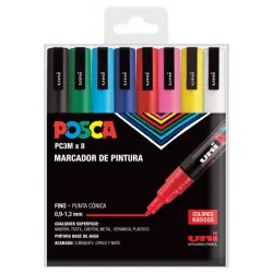 Posca PC3M Pack de 8 Marcadores de Pintura - Punta Conica 0.9-1.3mm - Tinta Base al Agua - Resistente a la Luz - No Permanente -