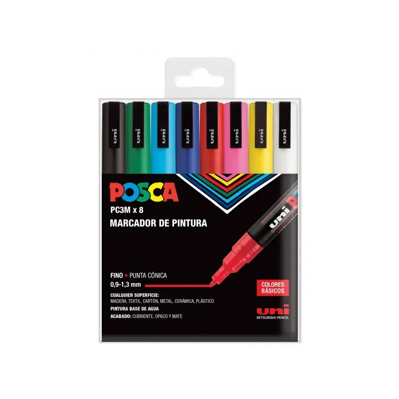 Posca PC3M Pack de 8 Marcadores de Pintura - Punta Conica 0.9-1.3mm - Tinta Base al Agua - Resistente a la Luz - No Permanente -