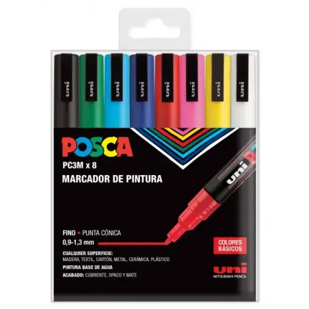 Posca PC3M Pack de 8 Marcadores de Pintura - Punta Conica 0.9-1.3mm - Tinta Base al Agua - Resistente a la Luz - No Permanente -