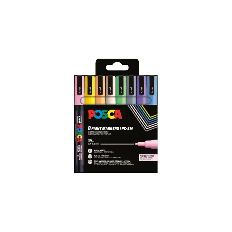 Posca PC3M Pack de 8 Marcadores de Pintura - Punta Conica 0.9-1.3mm - Tinta Base al Agua - Resistente a la Luz - Ideal para Cart