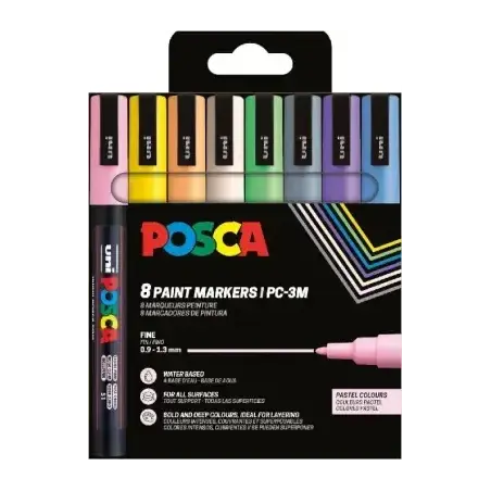 Posca PC3M Pack de 8 Marcadores de Pintura - Punta Conica 0.9-1.3mm - Tinta Base al Agua - Resistente a la Luz - Ideal para Cart