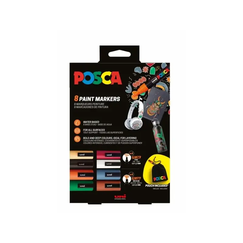 Posca Edicion Limitada Pack de 4 Marcadores de Pintura PC5M + 4 Marcadores de Pintura PC3M + Regalo Bolsa de Tela - Punta Redond