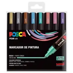 Posca PC-5M/8C Estuche de 8 Marcadores de Pintura - Punta de Bala 1.8-2.5mm - Tinta Base al Agua - Resistente a la Luz - No Perm
