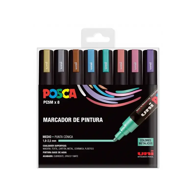 Posca PC-5M/8C Estuche de 8 Marcadores de Pintura - Punta de Bala 1.8-2.5mm - Tinta Base al Agua - Resistente a la Luz - No Perm