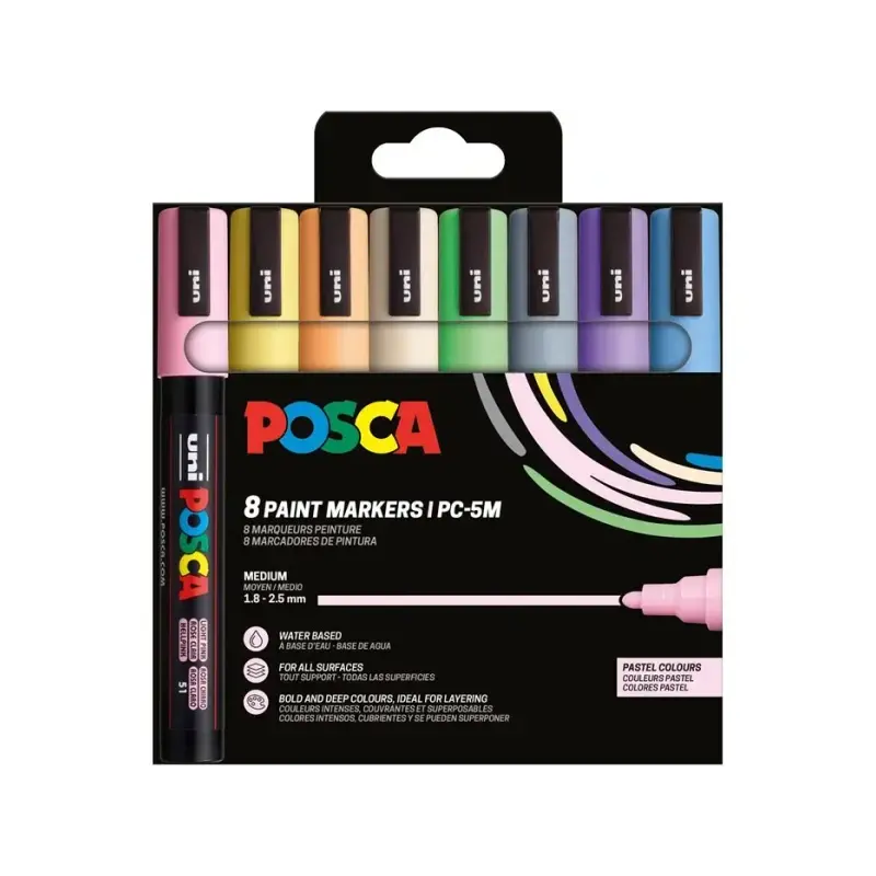 Posca PC-5M/8C Estuche de 8 Marcadores de Pintura - Punta de Bala 1.8-2.5mm - Tinta Base al Agua - Resistente a la Luz - No Perm