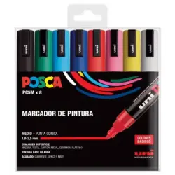 Posca PC-5M/8C Estuche de 8 Marcadores de Pintura - Punta de Poliester 1.8-2.5mm - Tinta Base al Agua - Resistente a la Luz - No
