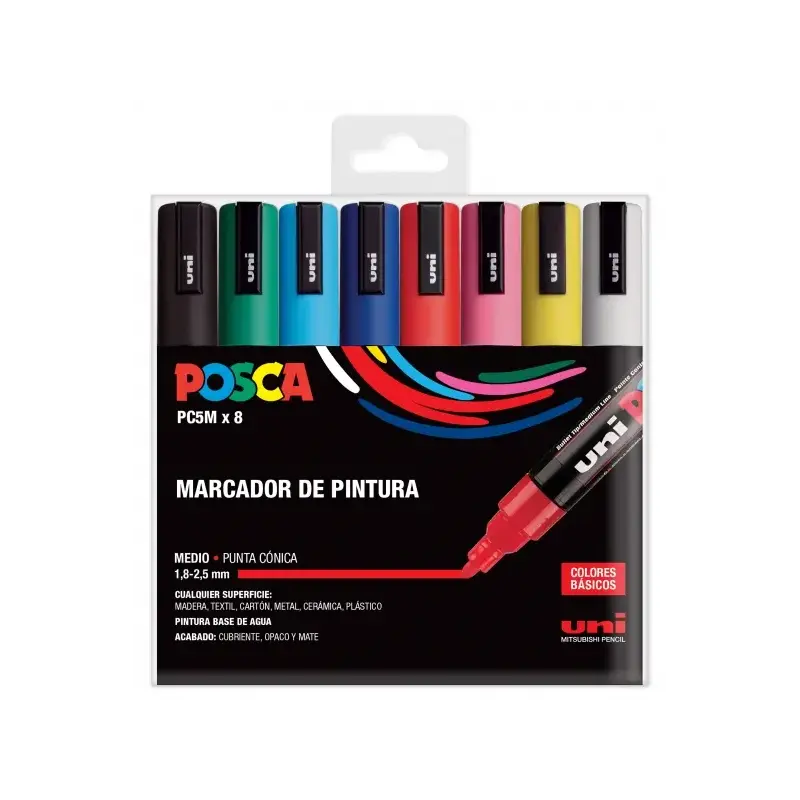 Posca PC-5M/8C Estuche de 8 Marcadores de Pintura - Punta de Poliester 1.8-2.5mm - Tinta Base al Agua - Resistente a la Luz - No