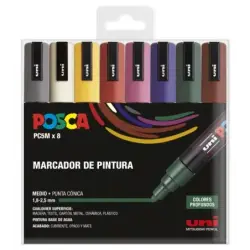 Posca PC-5M Estuche de 8 Marcadores de Pintura - Punta de Bala 1.8-2.5mm - Tinta Base al Agua - Resistente a la Luz - No Permane
