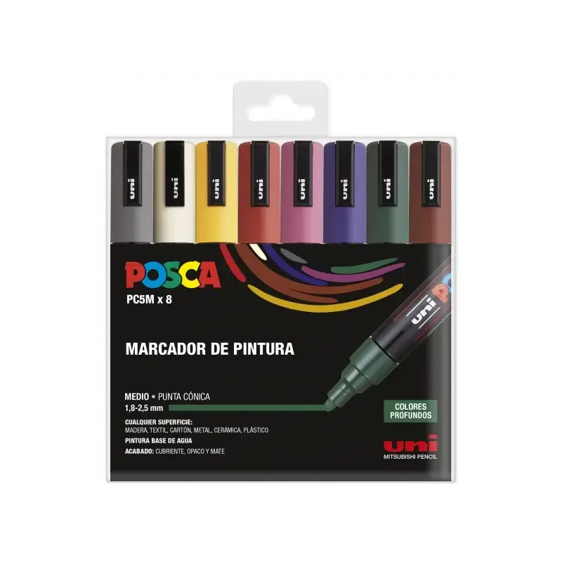 Posca PC-5M Estuche de 8 Marcadores de Pintura - Punta de Bala 1.8-2.5mm - Tinta Base al Agua - Resistente a la Luz - No Permane