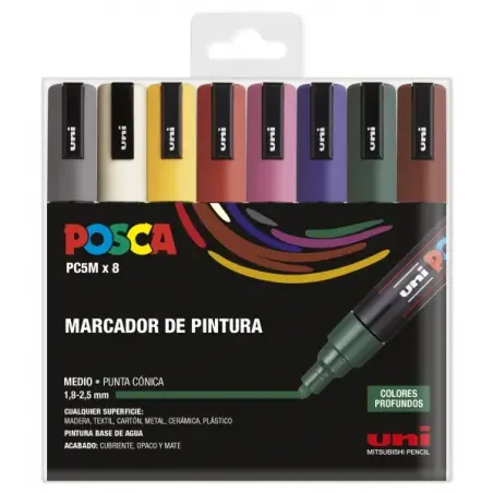 Posca PC-5M Estuche de 8 Marcadores de Pintura - Punta de Bala 1.8-2.5mm - Tinta Base al Agua - Resistente a la Luz - No Permane