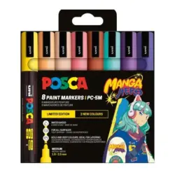 Posca Manga Hero Edicion Limitada PC-5M Pack con 8 Marcadores de Pintura - Punta de Bala 1.8-2.5mm - Tinta Base al Agua - Resist