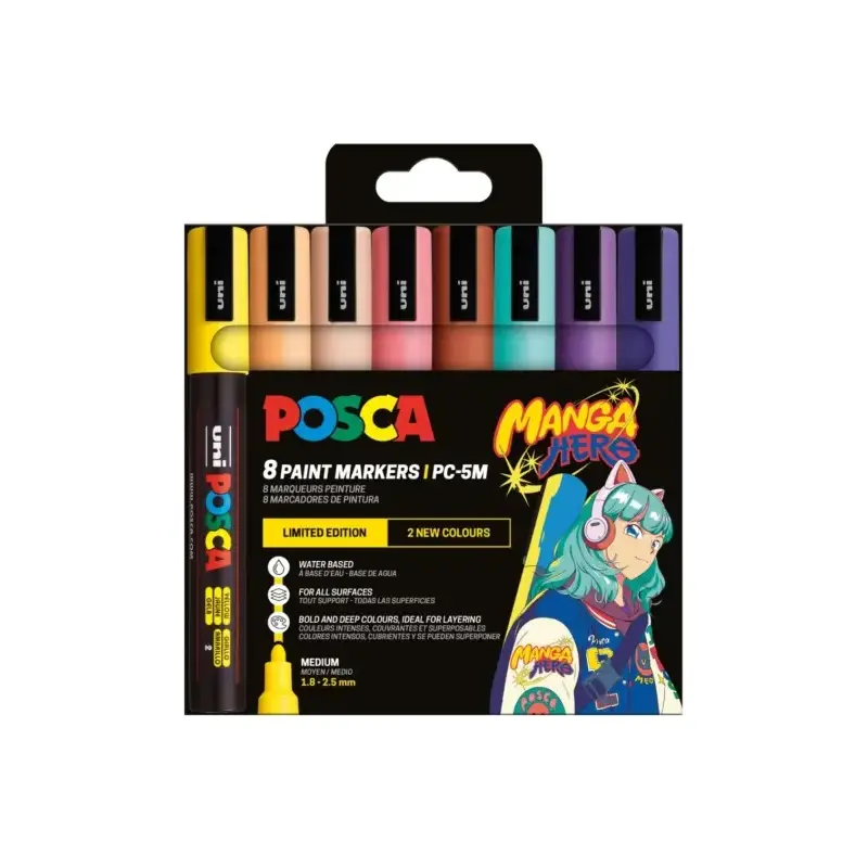 Posca Manga Hero Edicion Limitada PC-5M Pack con 8 Marcadores de Pintura - Punta de Bala 1.8-2.5mm - Tinta Base al Agua - Resist