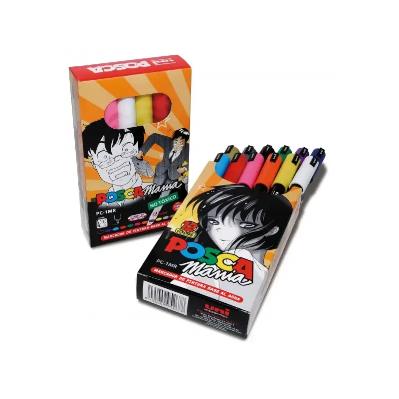 Posca PC-1MR Pack de 12 Marcadores de Pintura - Punta Roller de Fibra 0.7mm - Tinta Base al Agua - Resistente a la Luz - No Perm