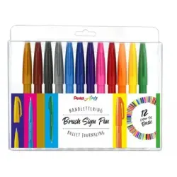 Pentel Brush Sing Pen Pack de 12 Rotuladores con Punta de Pincel - Lineas Finas o Gruesas dependiendo de la Presion - Fabricados