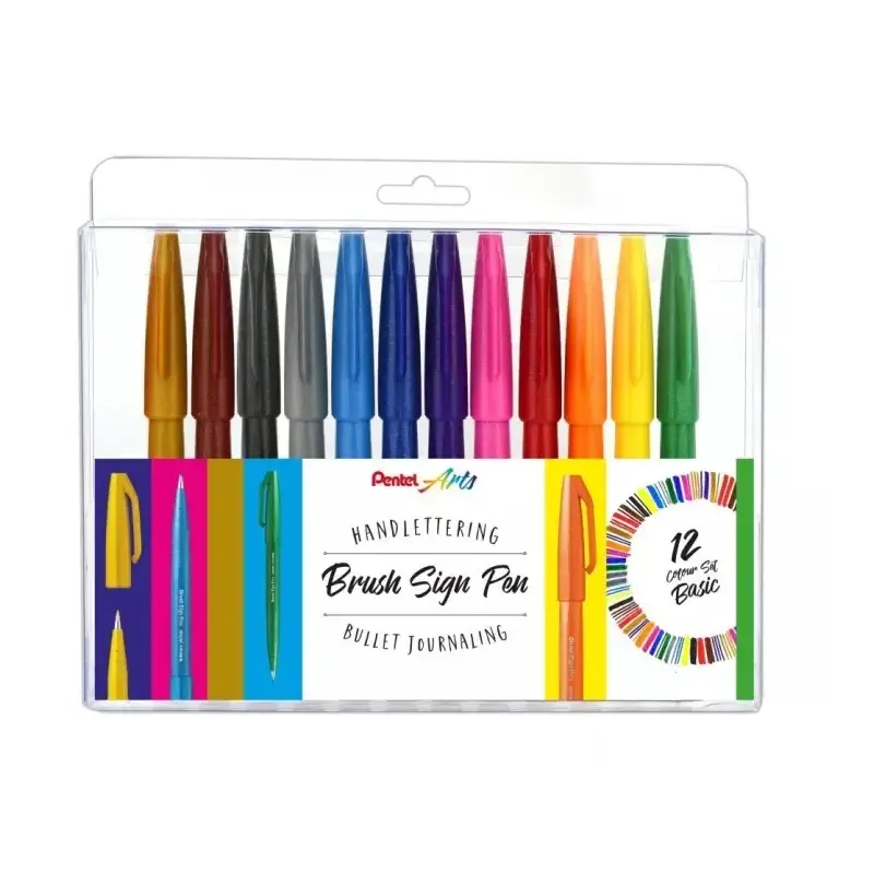 Pentel Brush Sing Pen Pack de 12 Rotuladores con Punta de Pincel - Lineas Finas o Gruesas dependiendo de la Presion - Fabricados