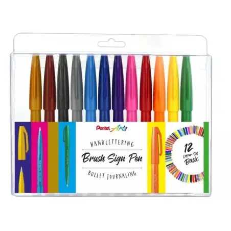 Pentel Brush Sing Pen Pack de 12 Rotuladores con Punta de Pincel - Lineas Finas o Gruesas dependiendo de la Presion - Fabricados