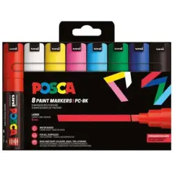 Posca PC-8K/8C Estuche de 8 Marcadores de Pintura - Punta Biselada Acrilica 8mm - Tinta Base al Agua - Resistente a la Luz - Col