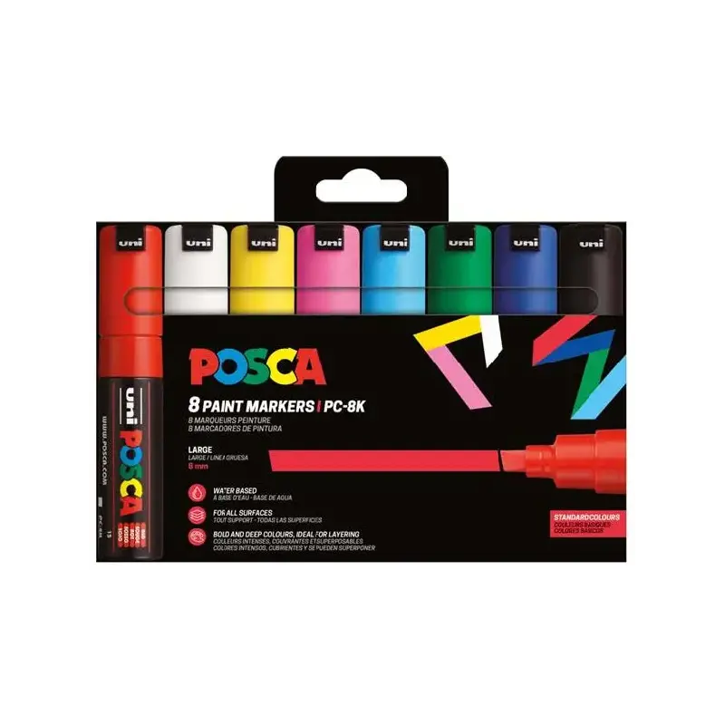 Posca PC-8K/8C Estuche de 8 Marcadores de Pintura - Punta Biselada Acrilica 8mm - Tinta Base al Agua - Resistente a la Luz - Col