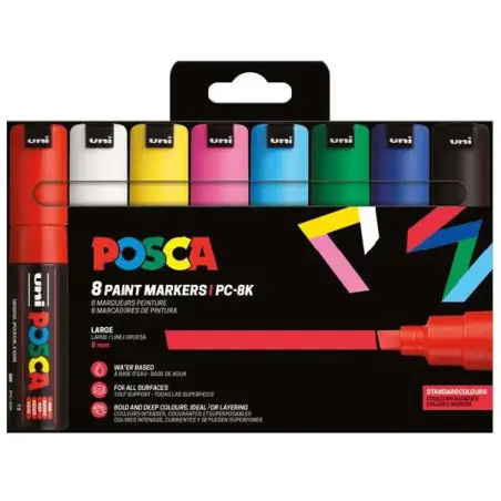 Posca PC-8K/8C Estuche de 8 Marcadores de Pintura - Punta Biselada Acrilica 8mm - Tinta Base al Agua - Resistente a la Luz - Col