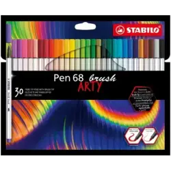 Stabilo Pen 68 Brush Arty Pack de 30 Rotuladores - Punta de Pincel - Tinta a Base de Agua - Colores Surtidos | Ahorro Imprimiend