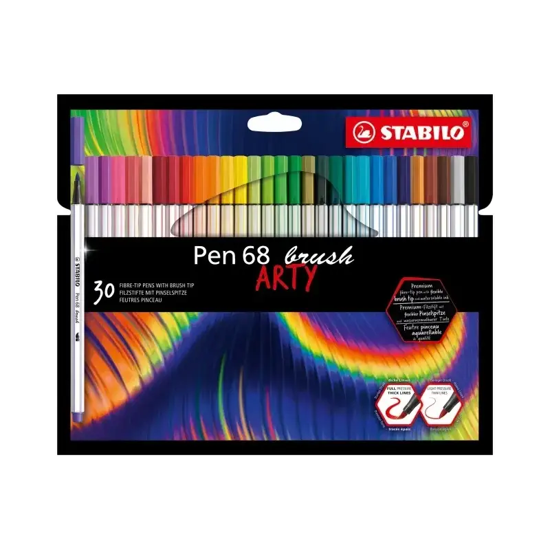 Stabilo Pen 68 Brush Arty Pack de 30 Rotuladores - Punta de Pincel - Tinta a Base de Agua - Colores Surtidos | Ahorro Imprimiend
