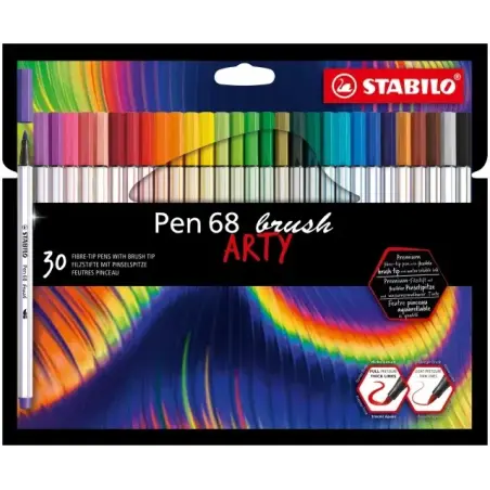 Stabilo Pen 68 Brush Arty Pack de 30 Rotuladores - Punta de Pincel - Tinta a Base de Agua - Colores Surtidos | Ahorro Imprimiend