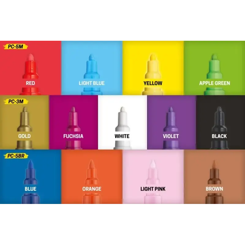 Posca Lata Metalica con 13 Marcadores de Pintura - 4x PC-5M, 5x PC-3M, 4x PC-5BR - Tinta Base al Agua - No Permanente - Resisten