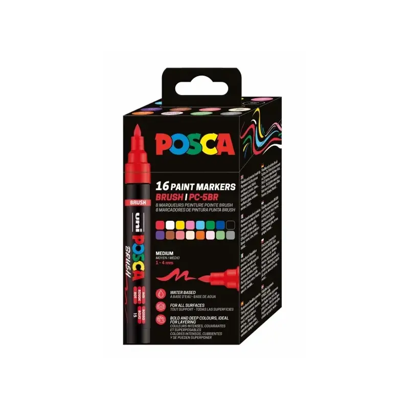 Posca PC-5BR Caja con 16 Marcadores de Pintura - Punta Brush 1-4mm - Tinta Base al Agua - Resistente a la Luz - No Permanente -